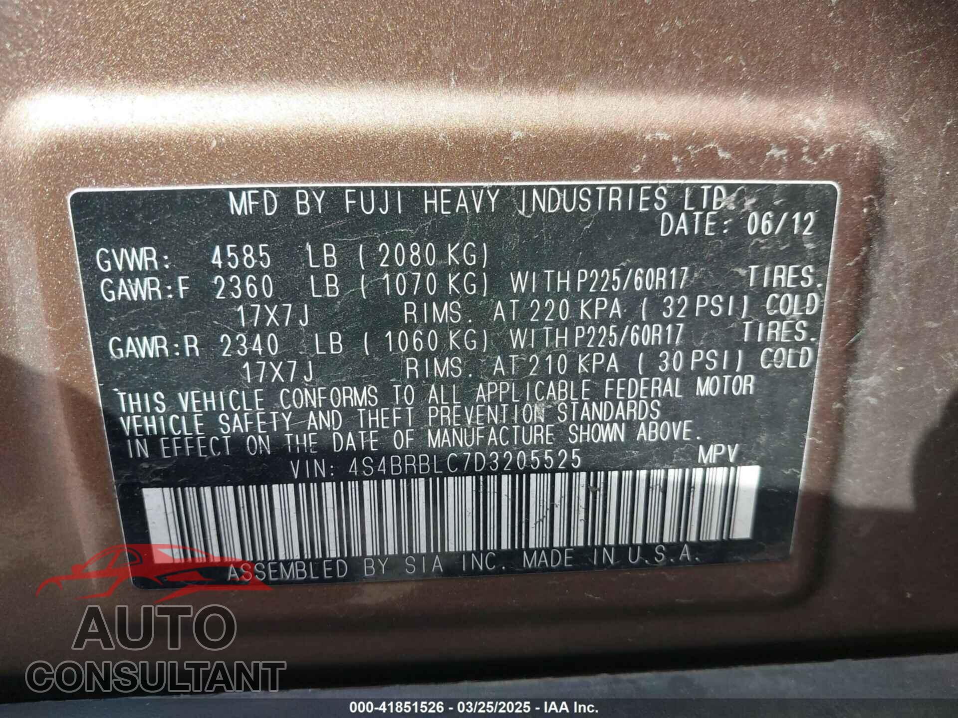 SUBARU OUTBACK 2013 - 4S4BRBLC7D3205525