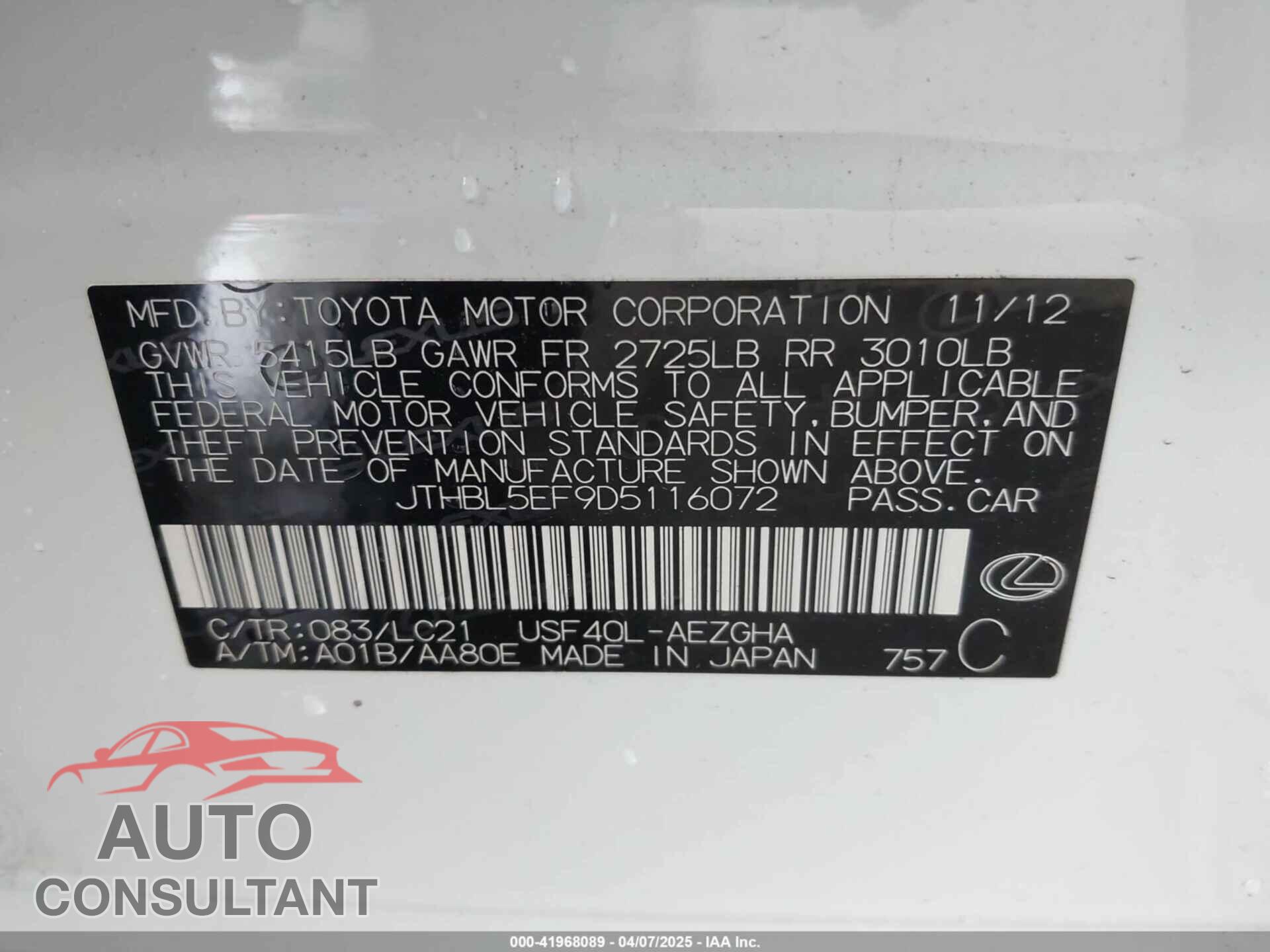 LEXUS LS 460 2013 - JTHBL5EF9D5116072