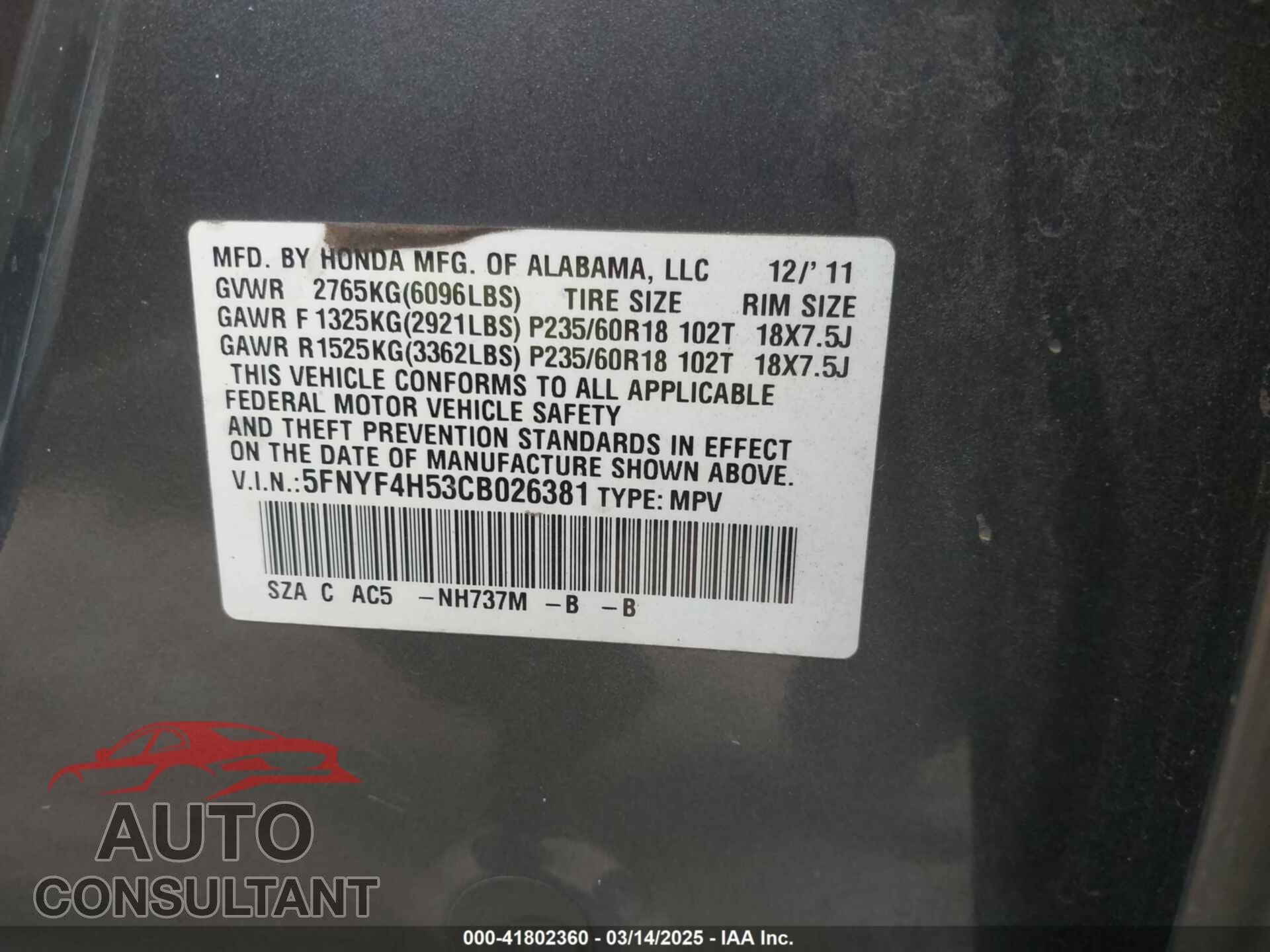 HONDA PILOT 2012 - 5FNYF4H53CB026381