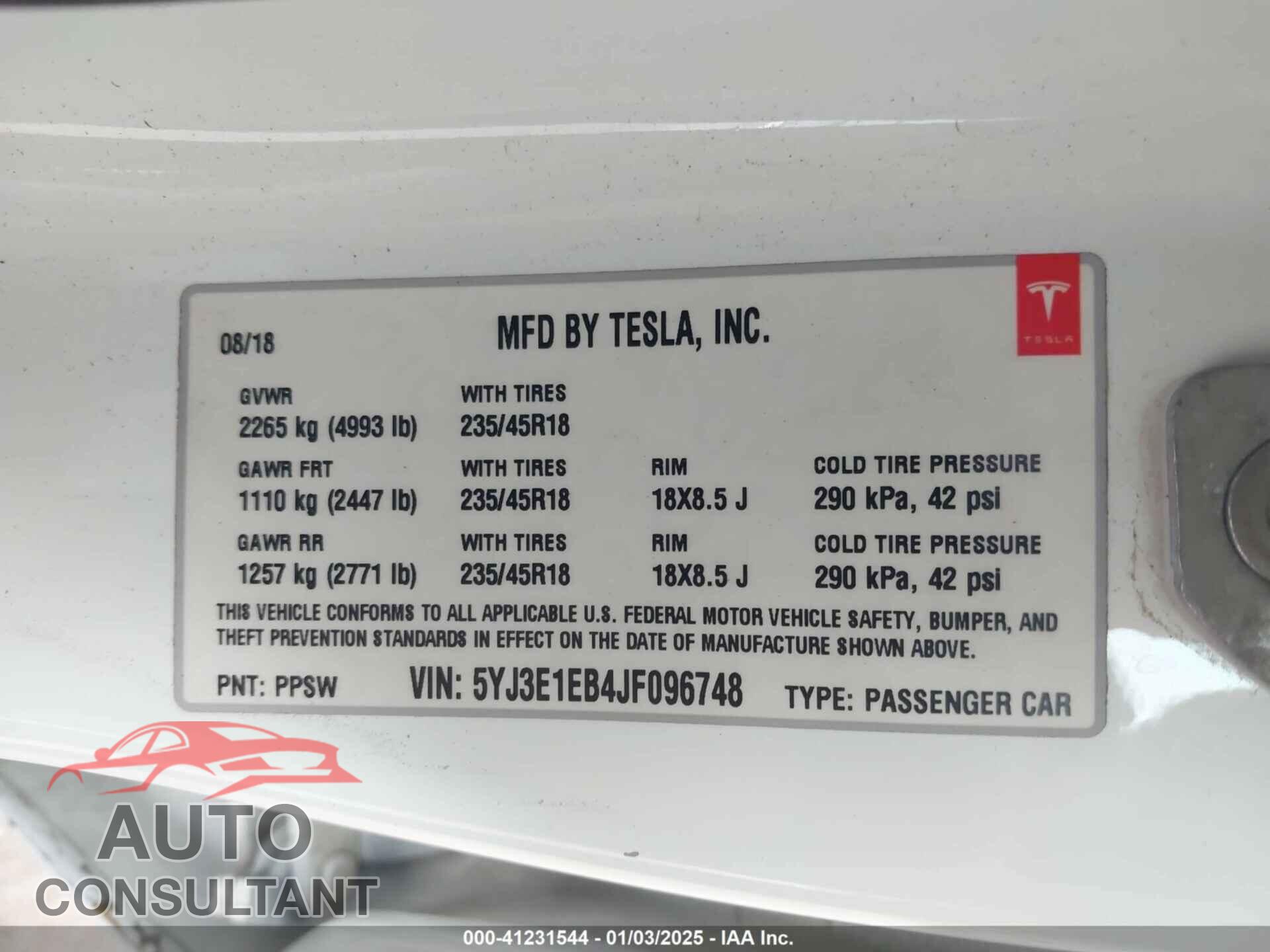 TESLA MODEL 3 2018 - 5YJ3E1EB4JF096748