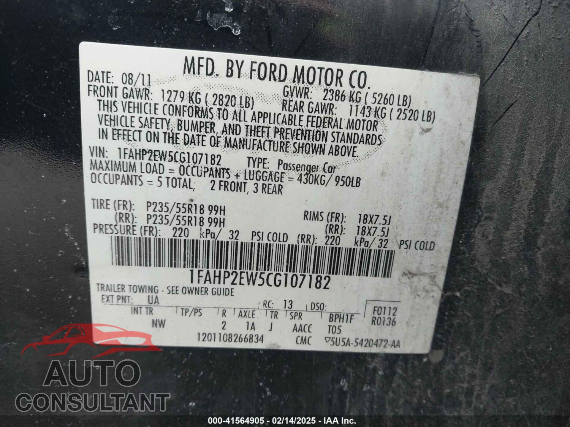 FORD TAURUS 2012 - 1FAHP2EW5CG107182
