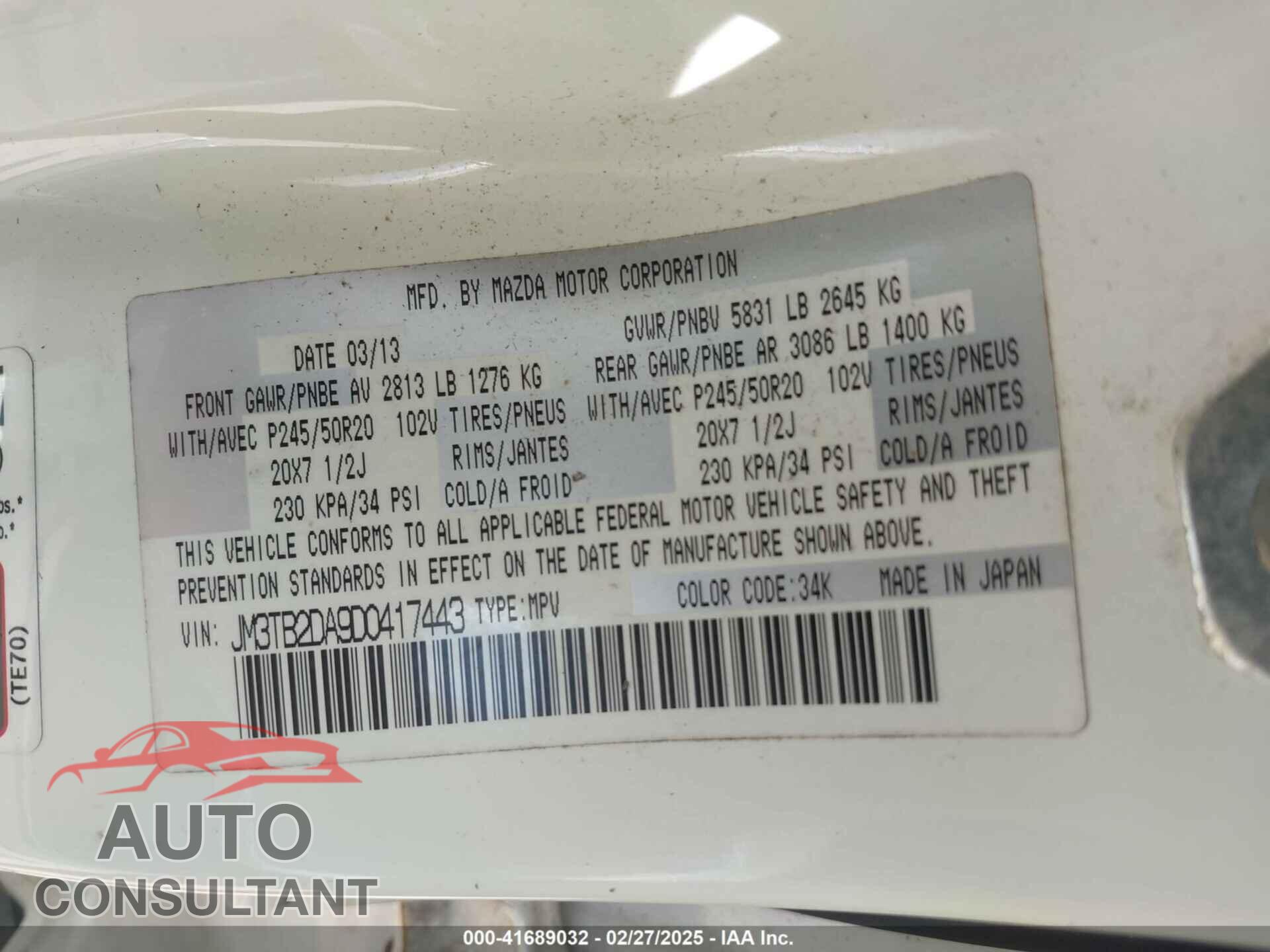 MAZDA CX-9 2013 - JM3TB2DA9D0417443