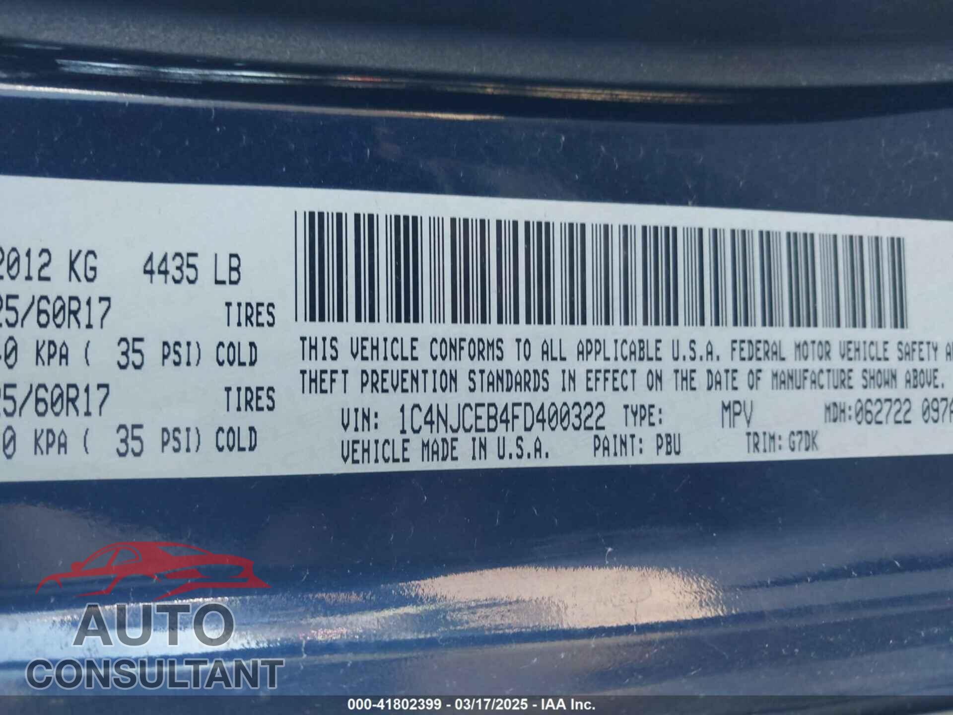 JEEP COMPASS 2015 - 1C4NJCEB4FD400322