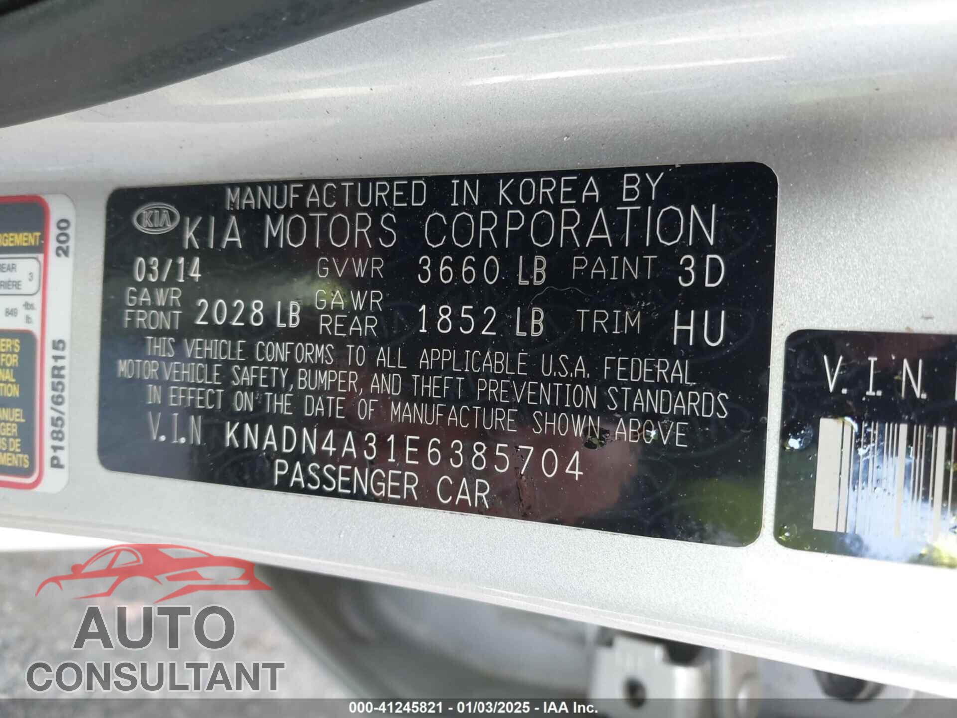 KIA RIO 2014 - KNADN4A31E6385704