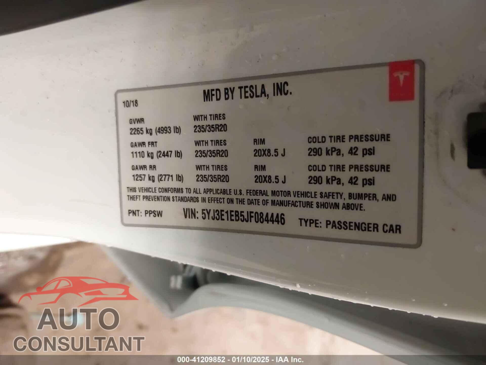 TESLA MODEL 3 2018 - 5YJ3E1EB5JF084446