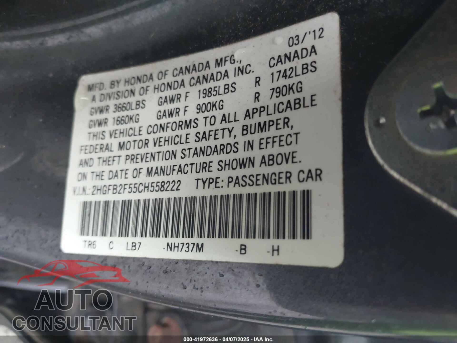 HONDA CIVIC 2012 - 2HGFB2F55CH558222