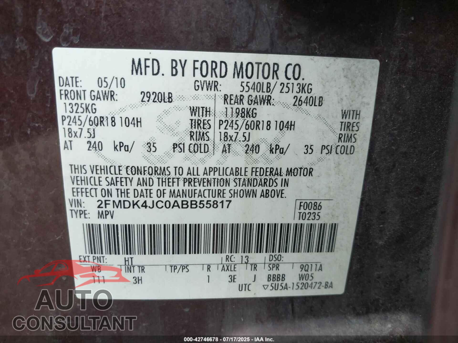 FORD EDGE 2010 - 2FMDK4JC0ABB55817