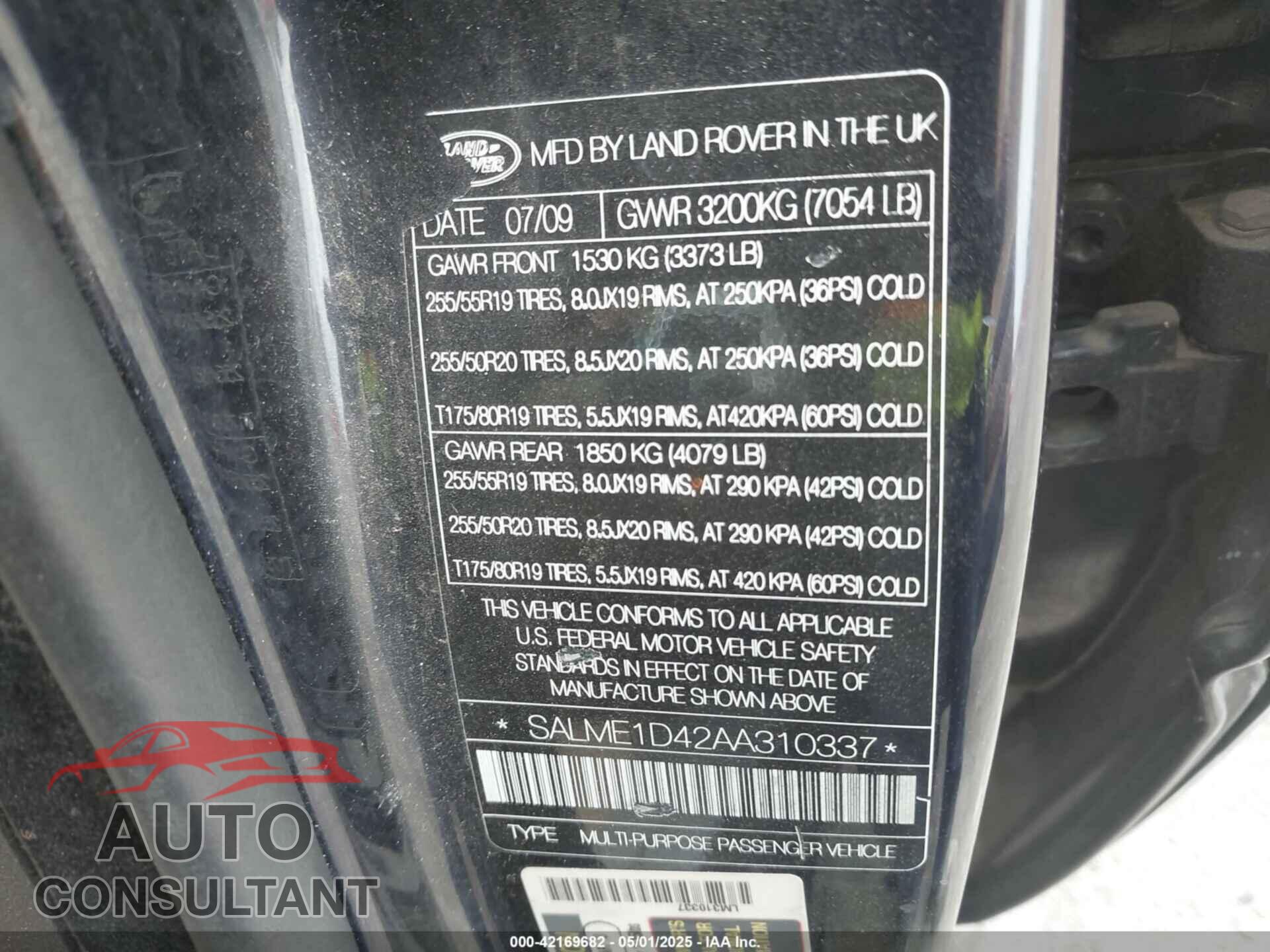 LAND ROVER RANGE ROVER 2010 - SALME1D42AA310337