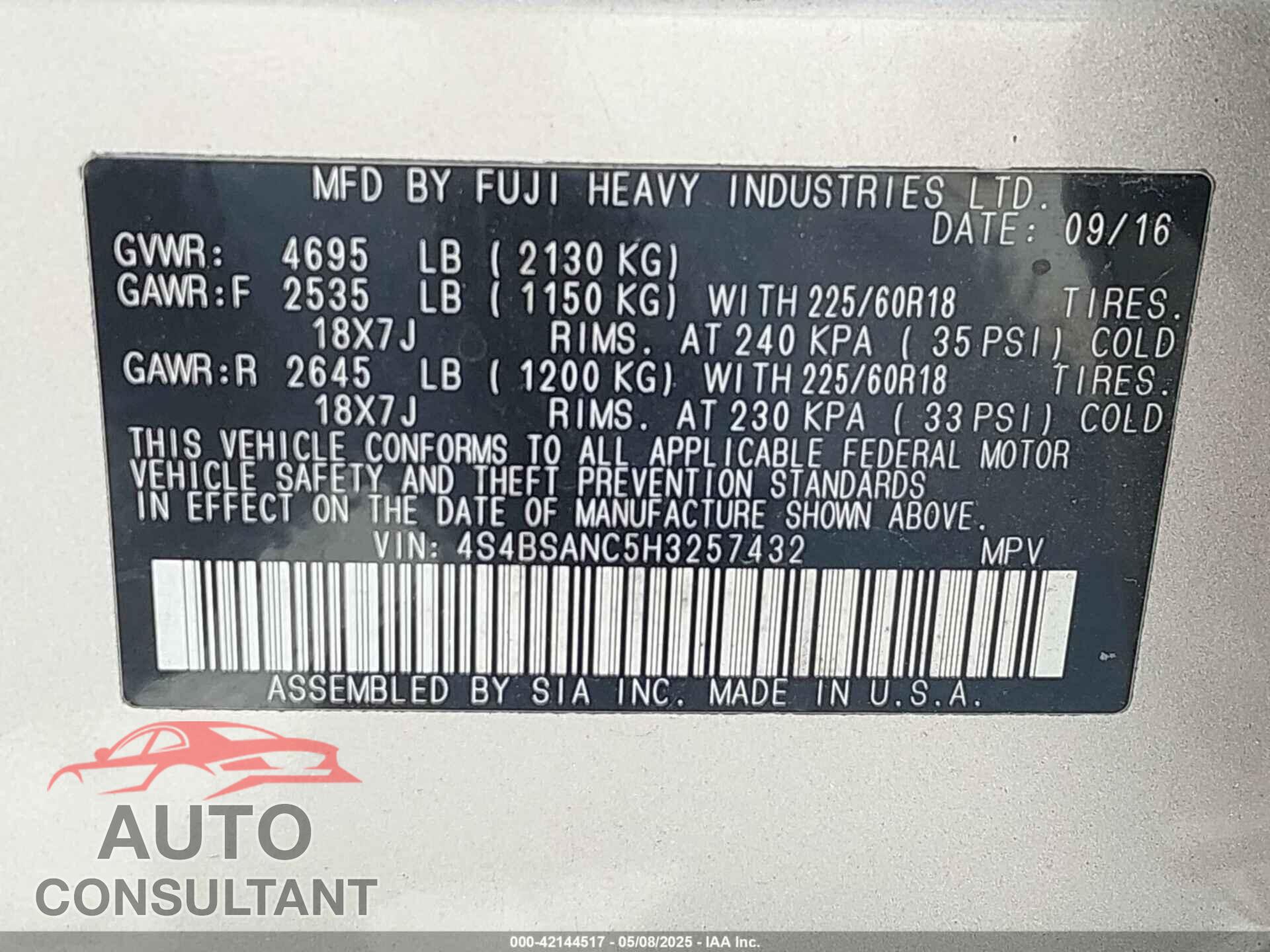 SUBARU OUTBACK 2017 - 4S4BSANC5H3257432