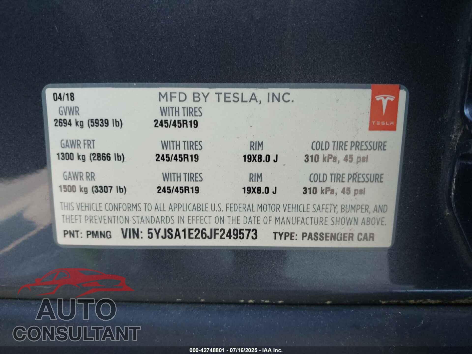 TESLA MODEL S 2018 - 5YJSA1E26JF249573