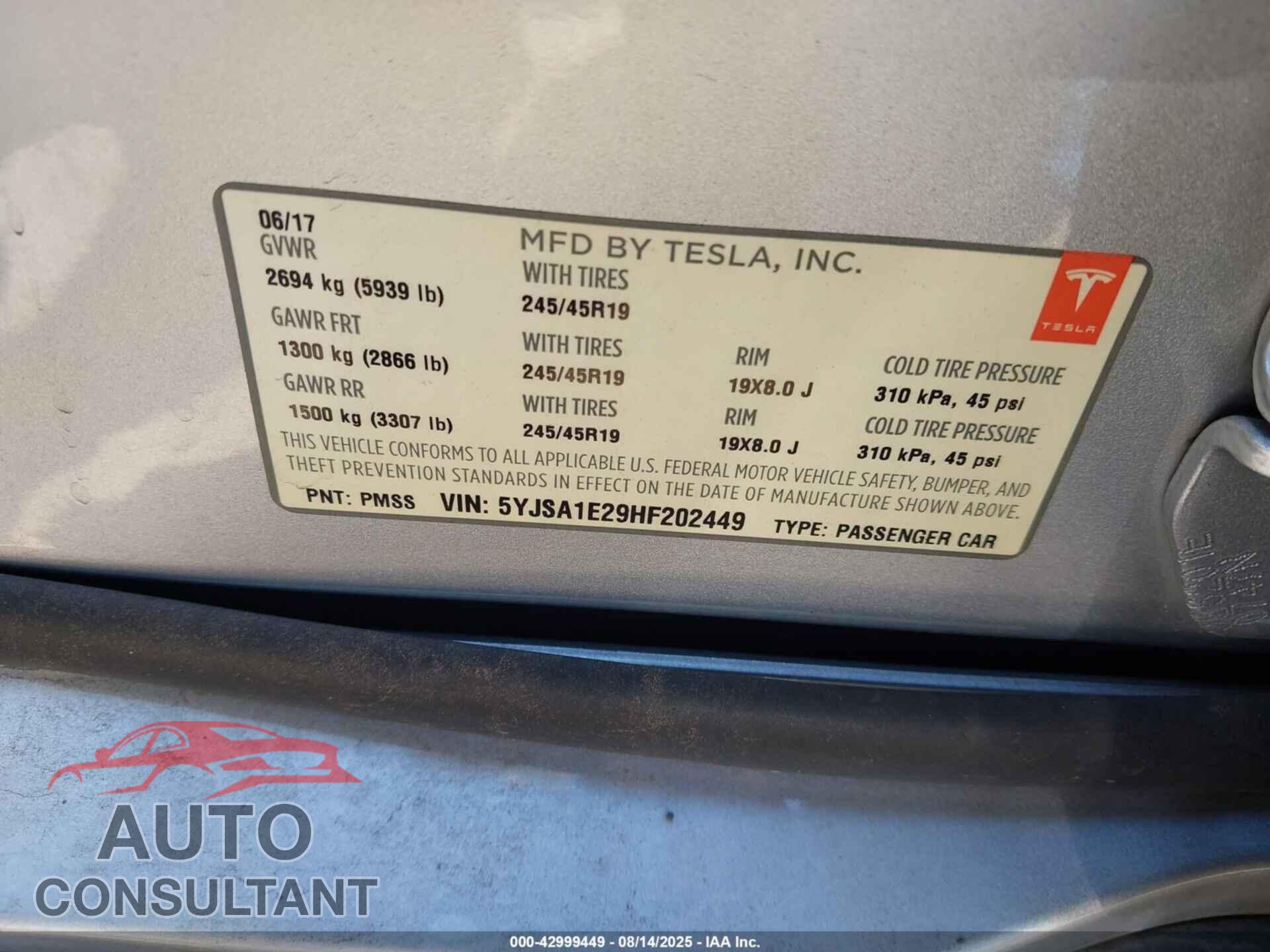TESLA MODEL S 2017 - 5YJSA1E29HF202449