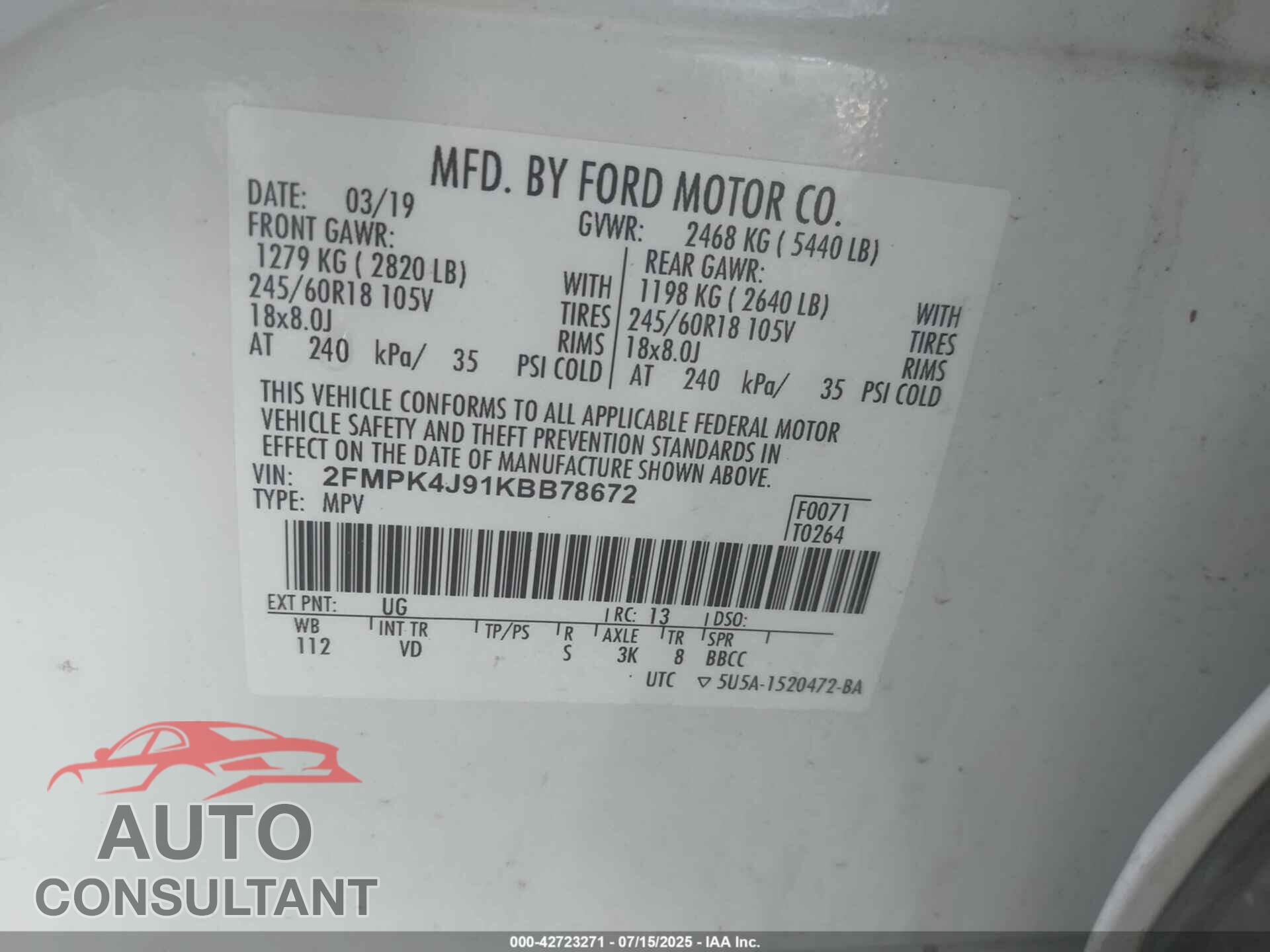 FORD EDGE 2019 - 2FMPK4J91KBB78672