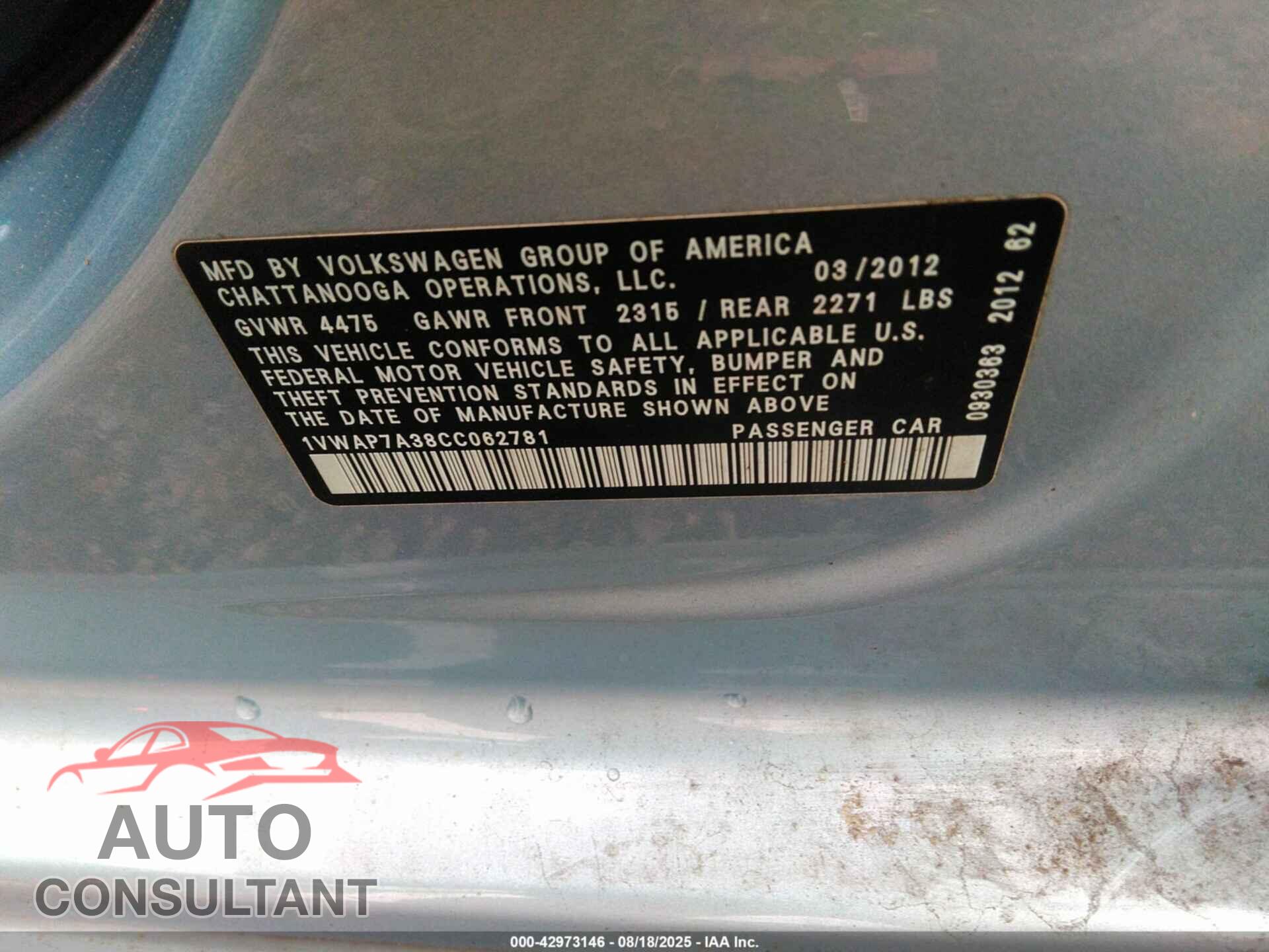 VOLKSWAGEN PASSAT 2012 - 1VWAP7A38CC062781