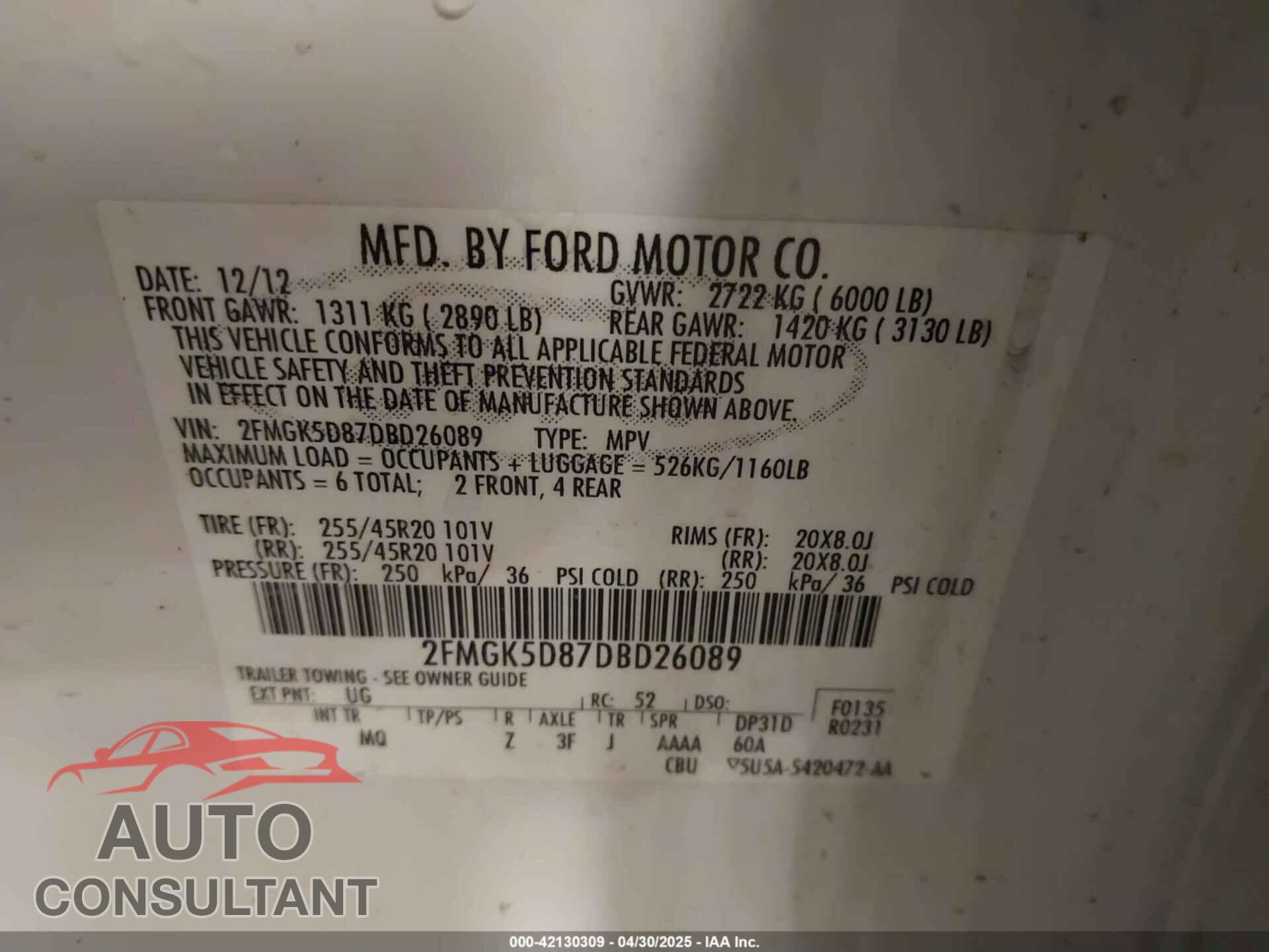 FORD FLEX 2013 - 2FMGK5D87DBD26089