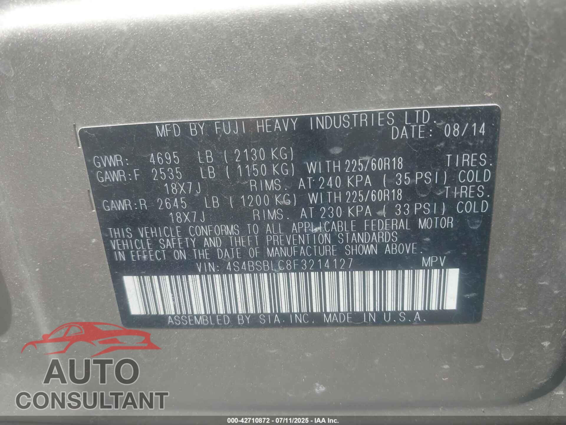 SUBARU OUTBACK 2015 - 4S4BSBLC8F3214127