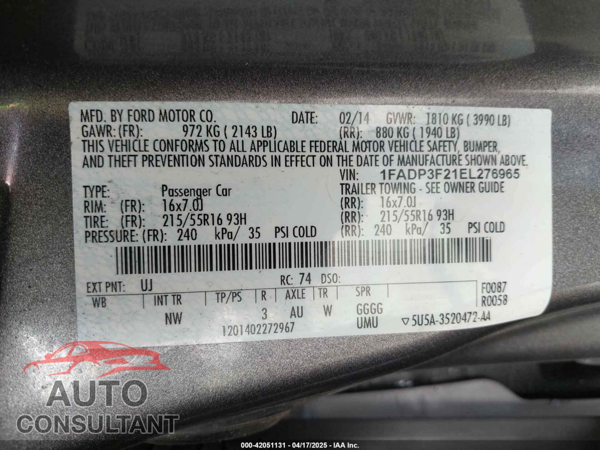 FORD FOCUS 2014 - 1FADP3F21EL276965