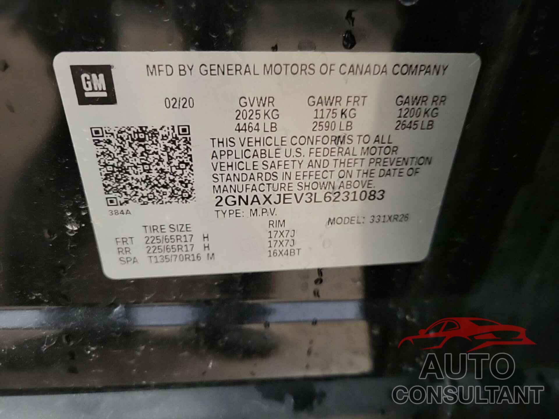 CHEVROLET EQUINOX 2020 - 2GNAXJEV3L6231083