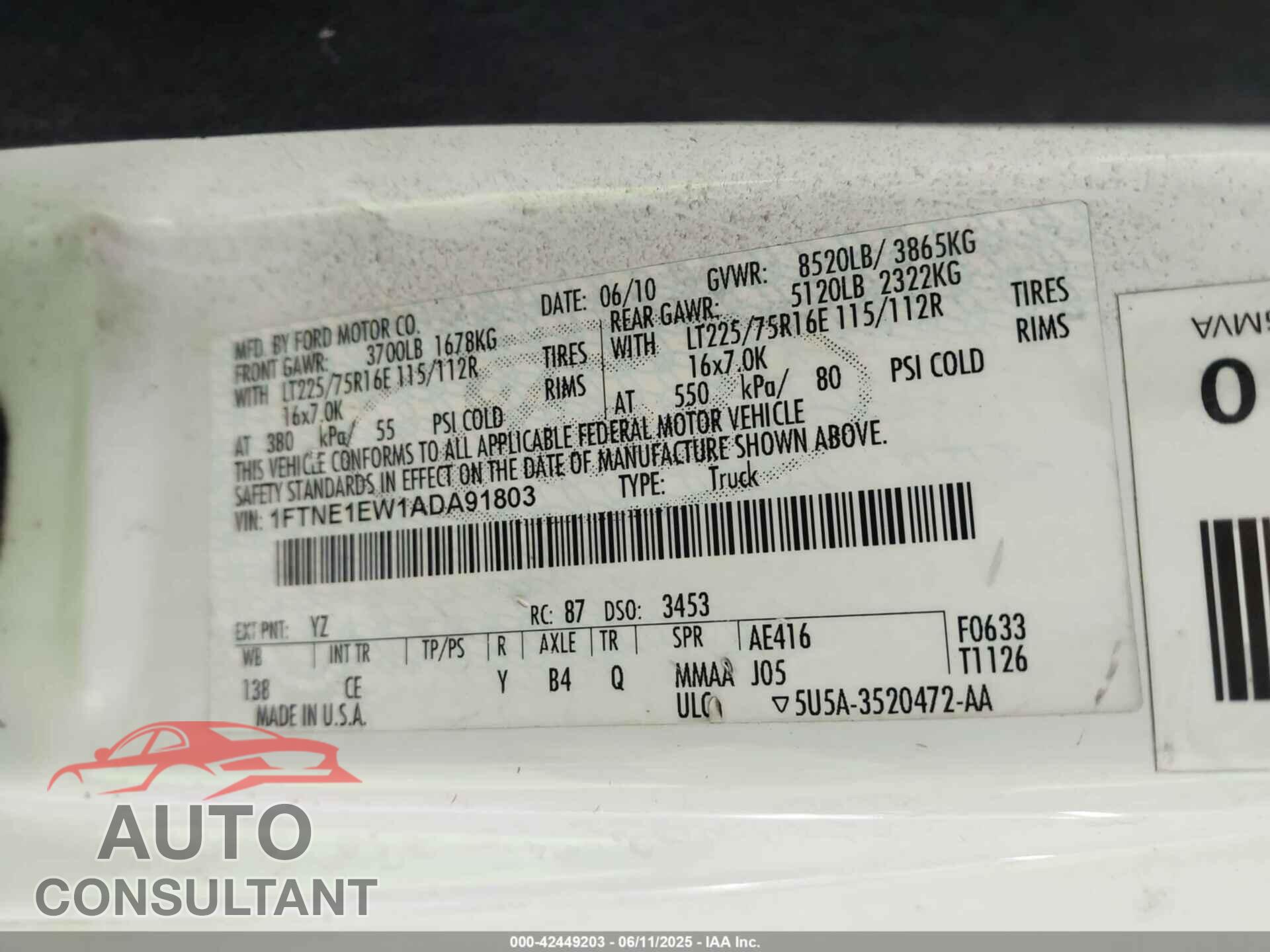 FORD E-150 2010 - 1FTNE1EW1ADA91803
