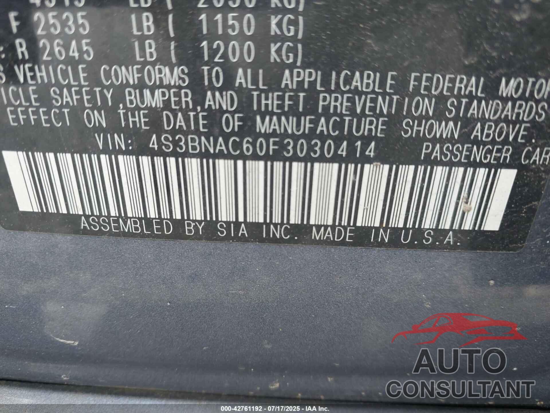 SUBARU LEGACY 2015 - 4S3BNAC60F3030414