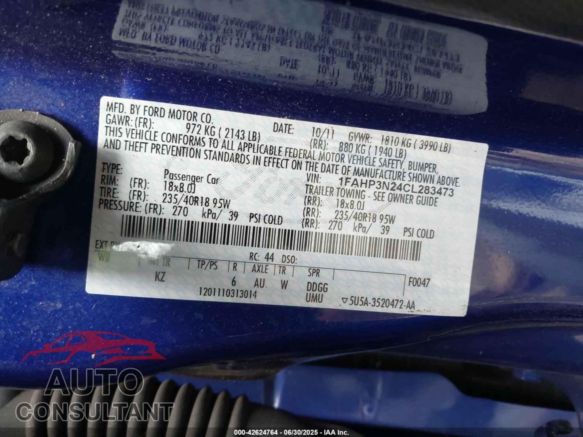 FORD FOCUS 2012 - 1FAHP3N24CL283473