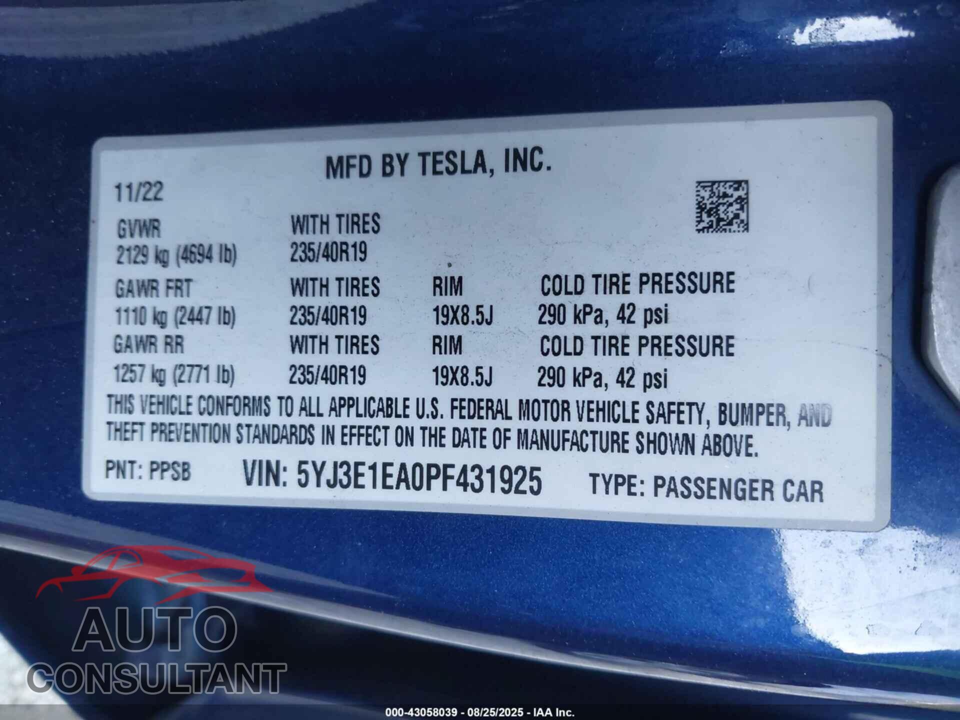 TESLA MODEL 3 2023 - 5YJ3E1EA0PF431925