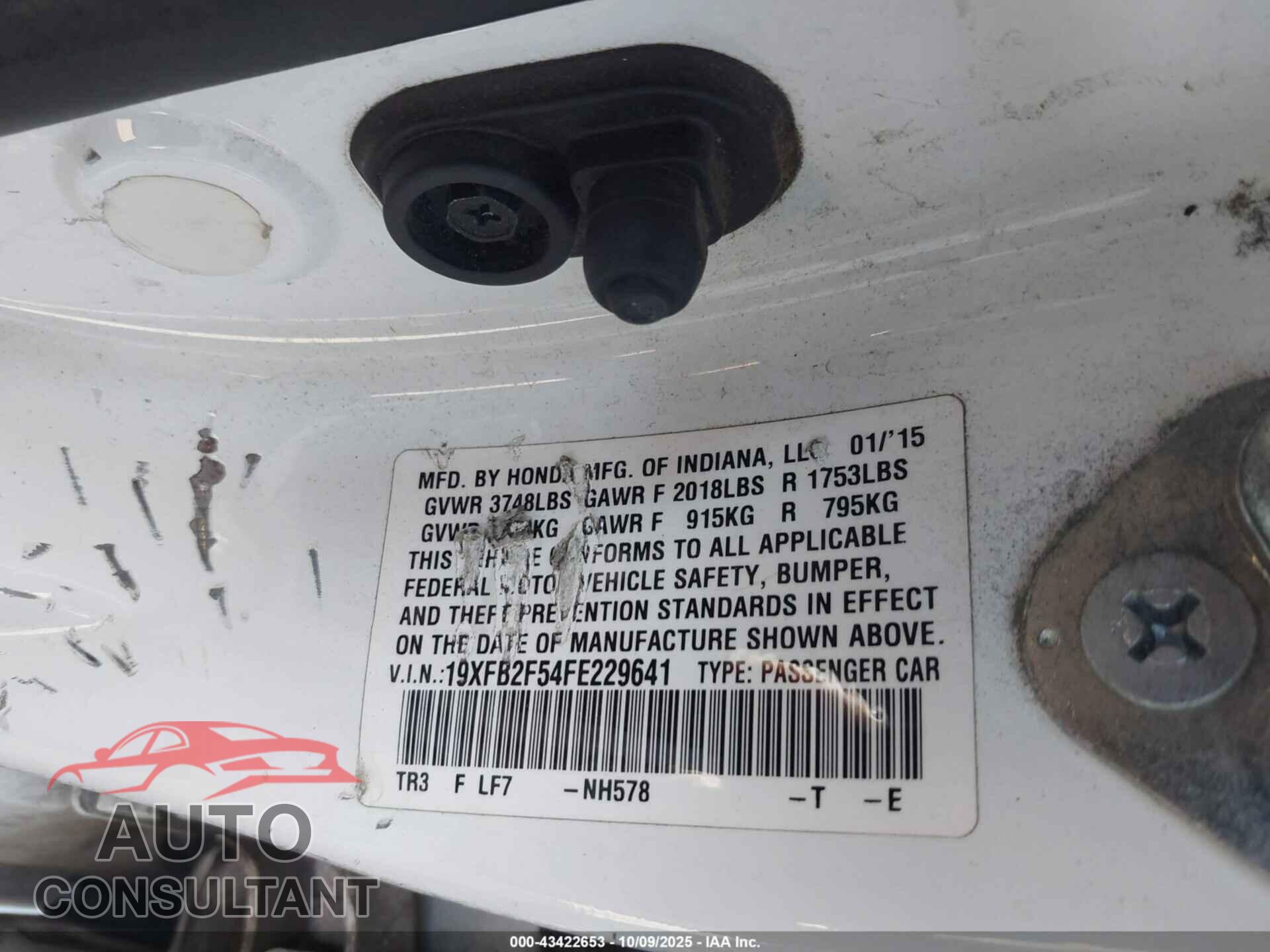 HONDA CIVIC 2015 - 19XFB2F54FE229641