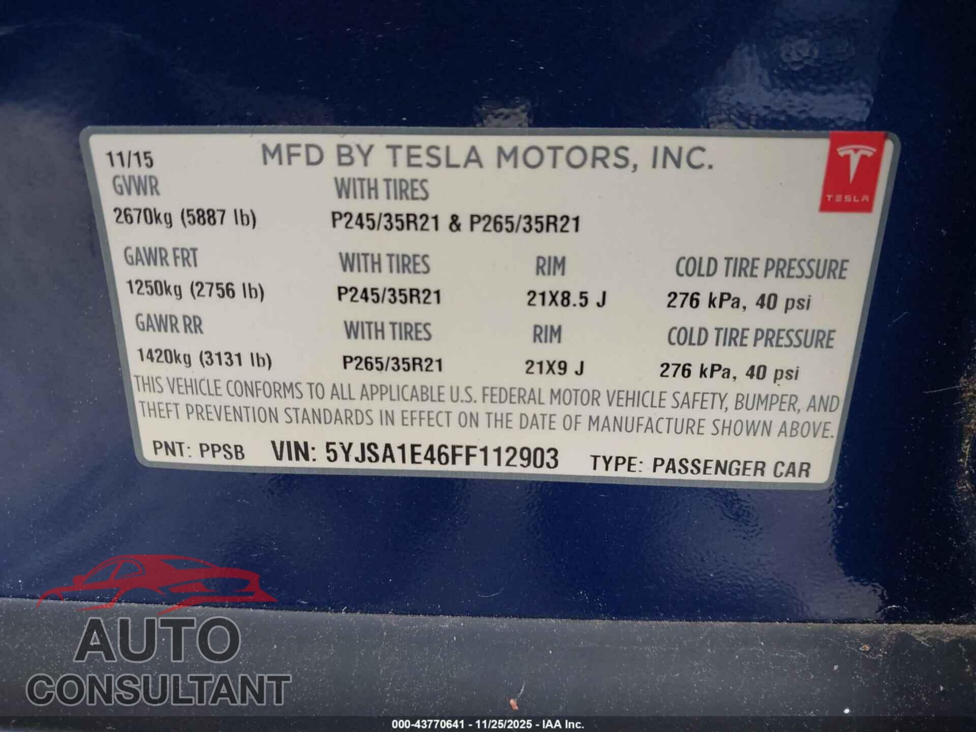 TESLA MODEL S 2015 - 5YJSA1E46FF112903