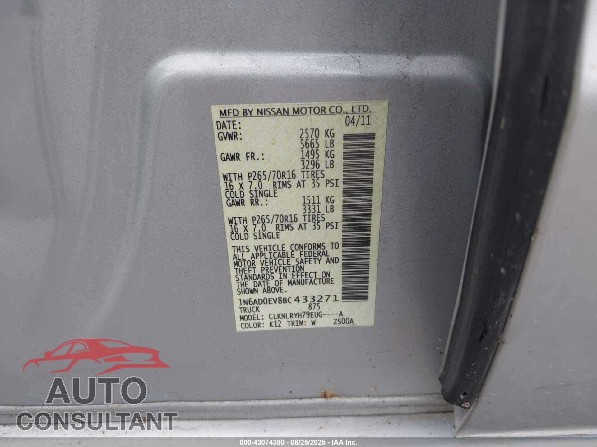 NISSAN FRONTIER 2011 - 1N6AD0EV8BC433271