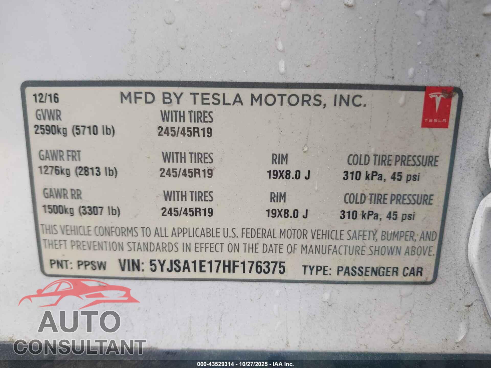 TESLA MODEL S 2017 - 5YJSA1E17HF176375