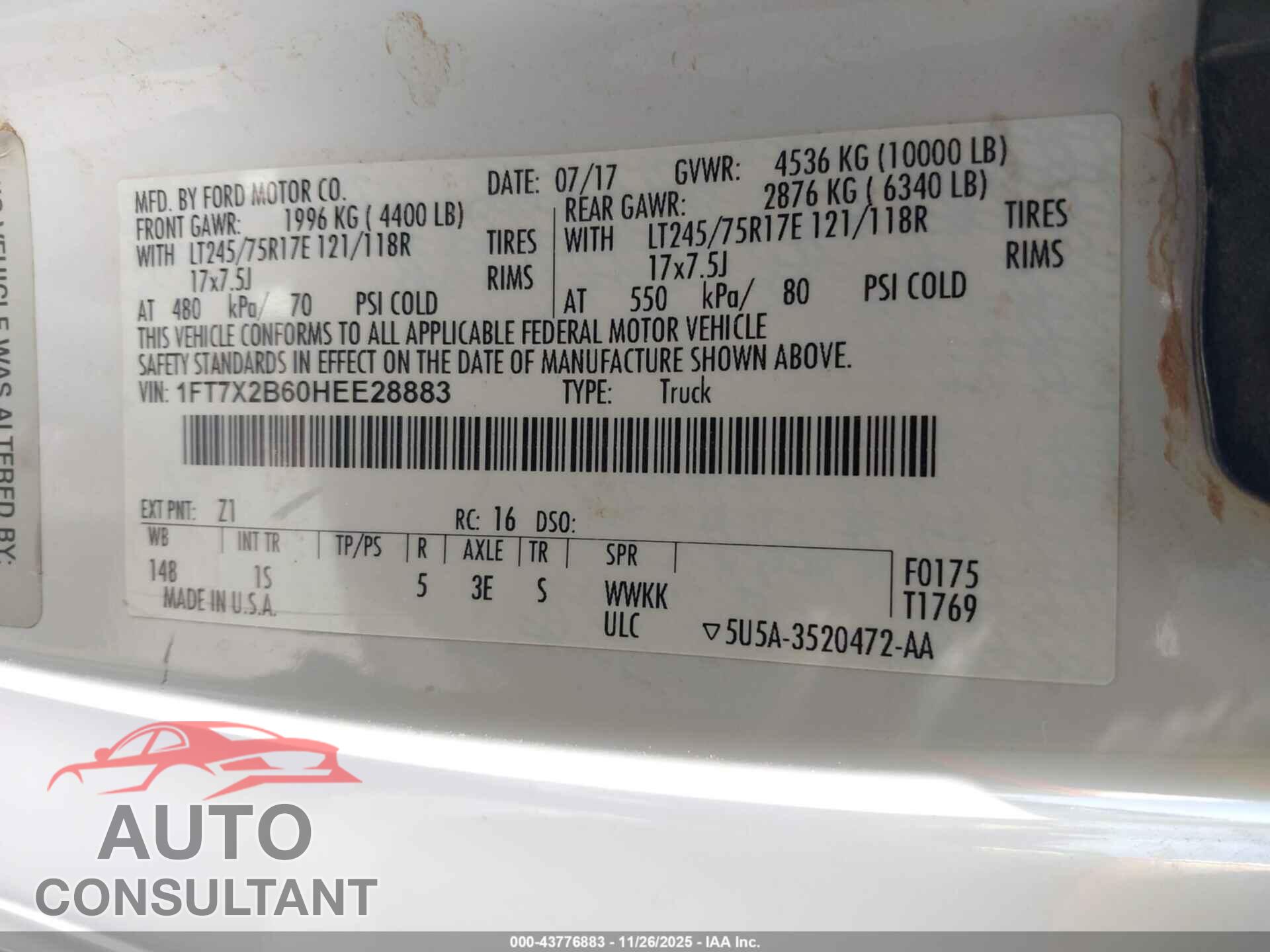 FORD F-250 2017 - 1FT7X2B60HEE28883