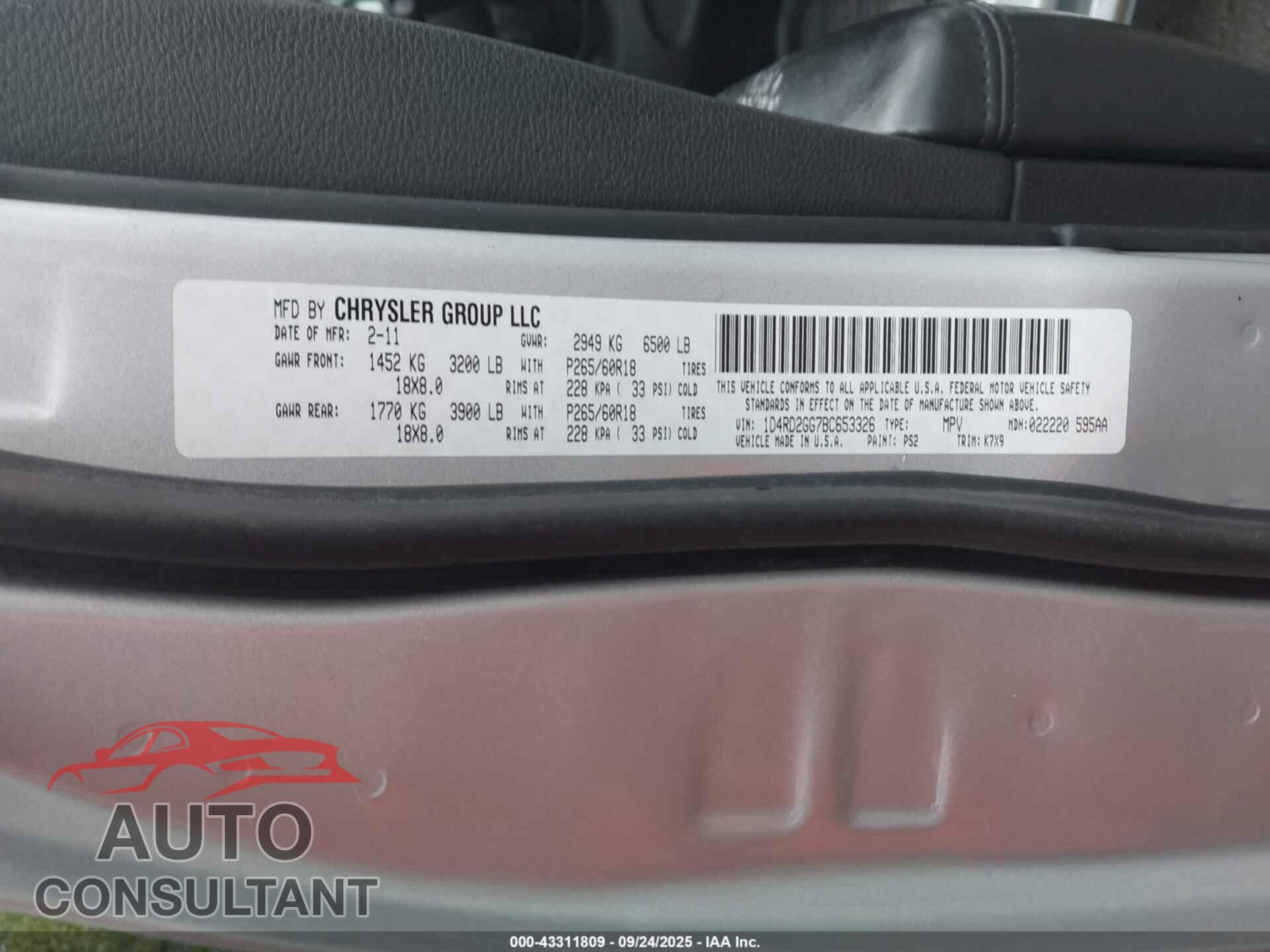 DODGE DURANGO 2011 - 1D4RD2GG7BC653326