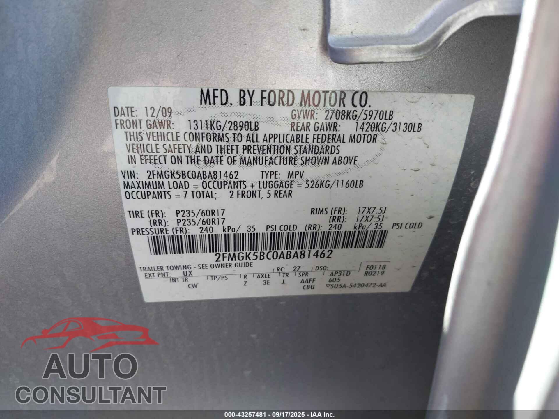 FORD FLEX 2010 - 2FMGK5BC0ABA81462