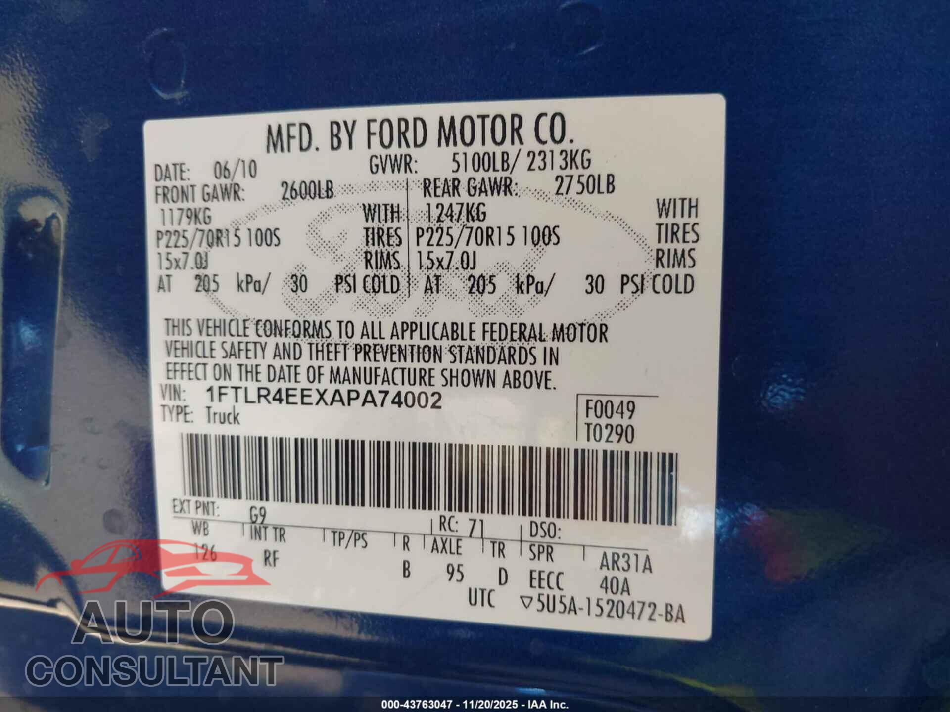 FORD RANGER 2010 - 1FTLR4EEXAPA74002