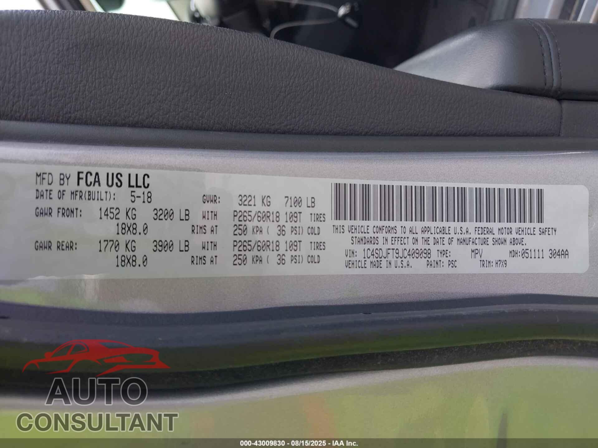 DODGE DURANGO 2018 - 1C4SDJFT9JC409098