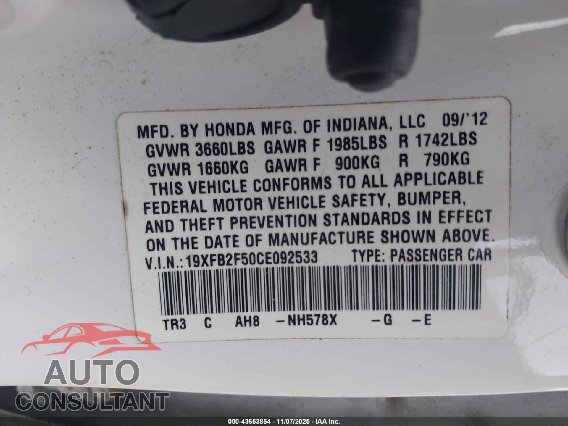 HONDA CIVIC 2012 - 19XFB2F50CE092533