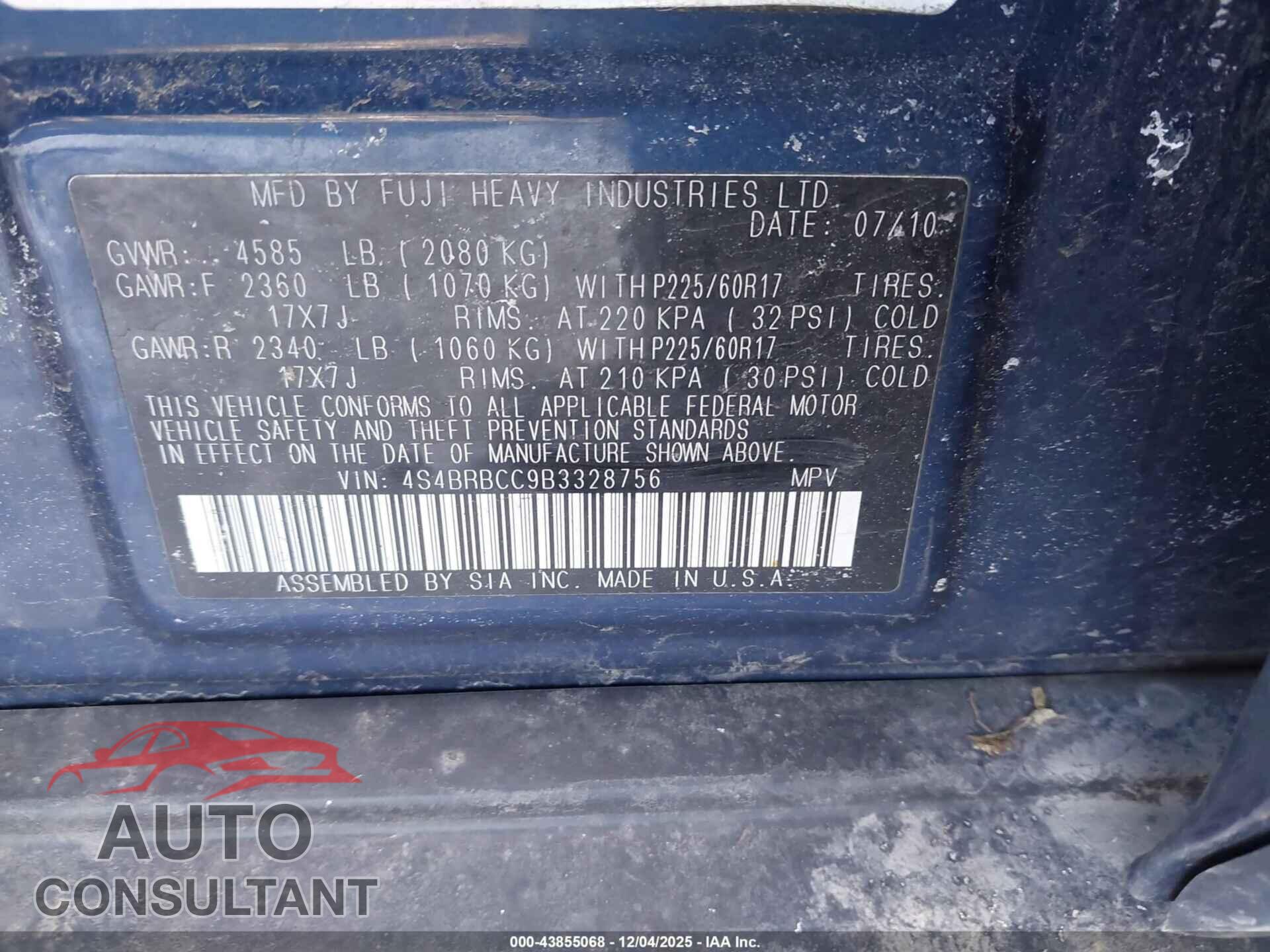 SUBARU OUTBACK 2011 - 4S4BRBCC9B3328756