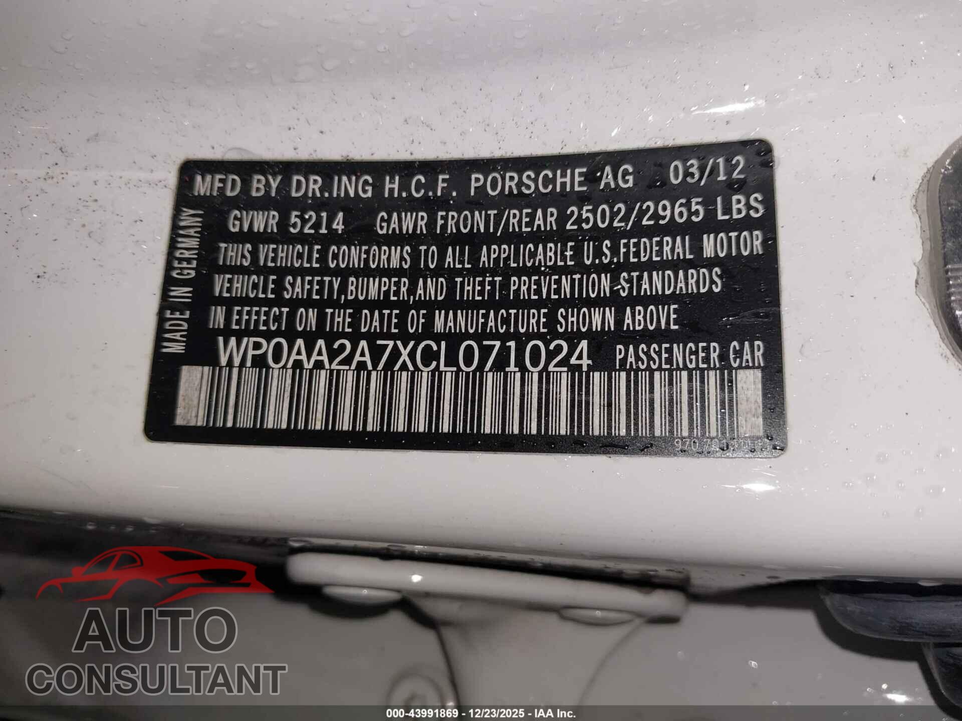 PORSCHE PANAMERA 2012 - WP0AA2A7XCL071024