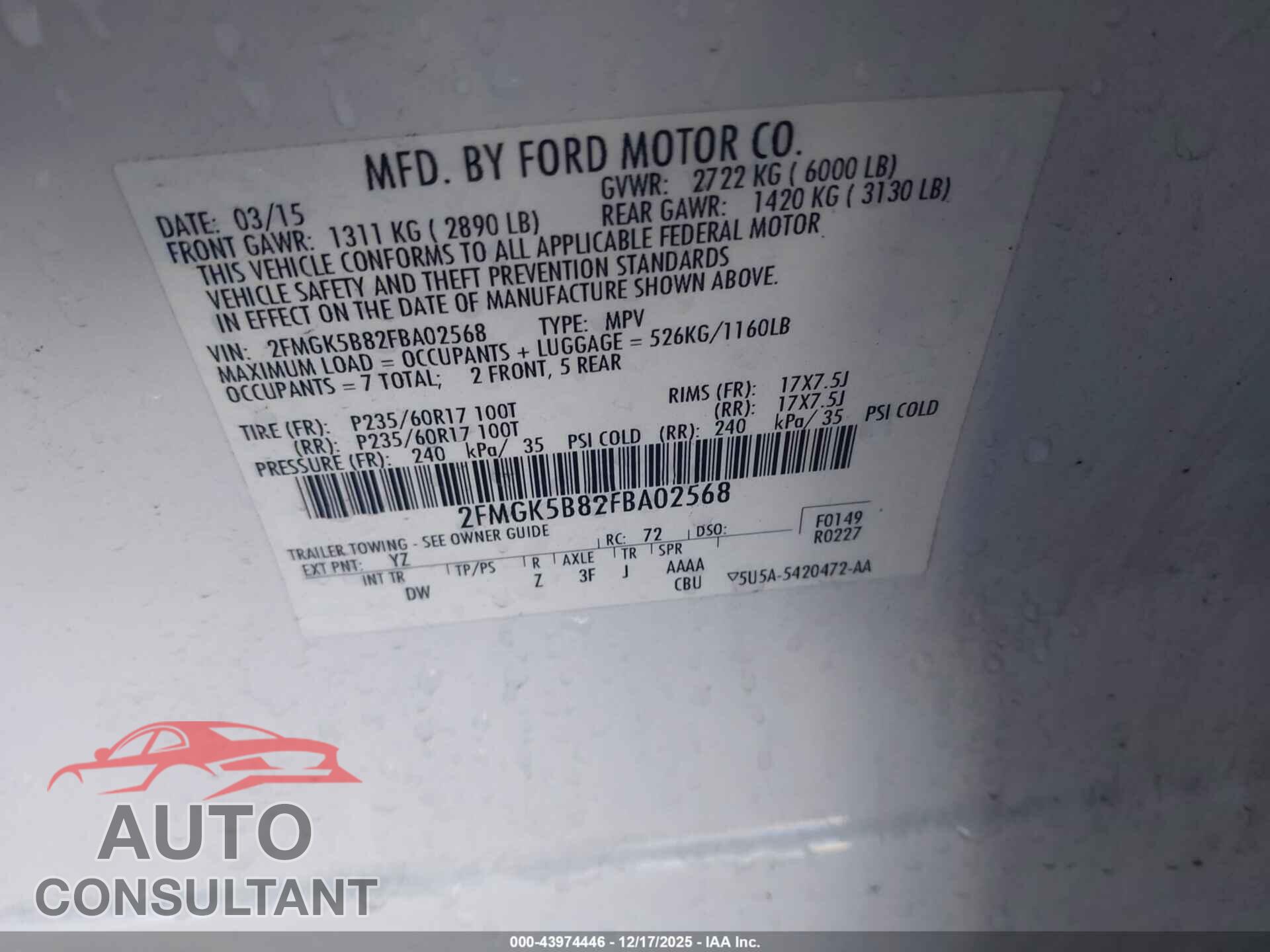 FORD FLEX 2015 - 2FMGK5B82FBA02568
