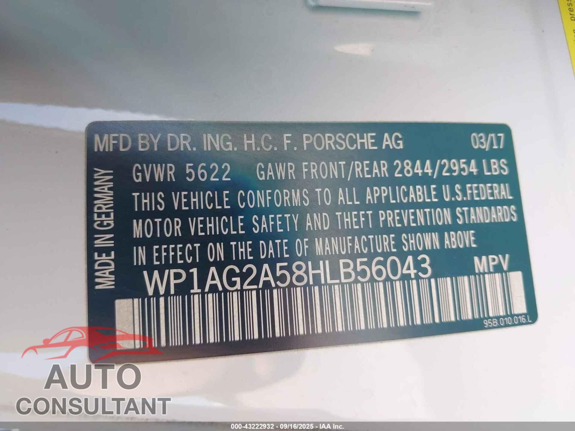 PORSCHE MACAN 2017 - WP1AG2A58HLB56043