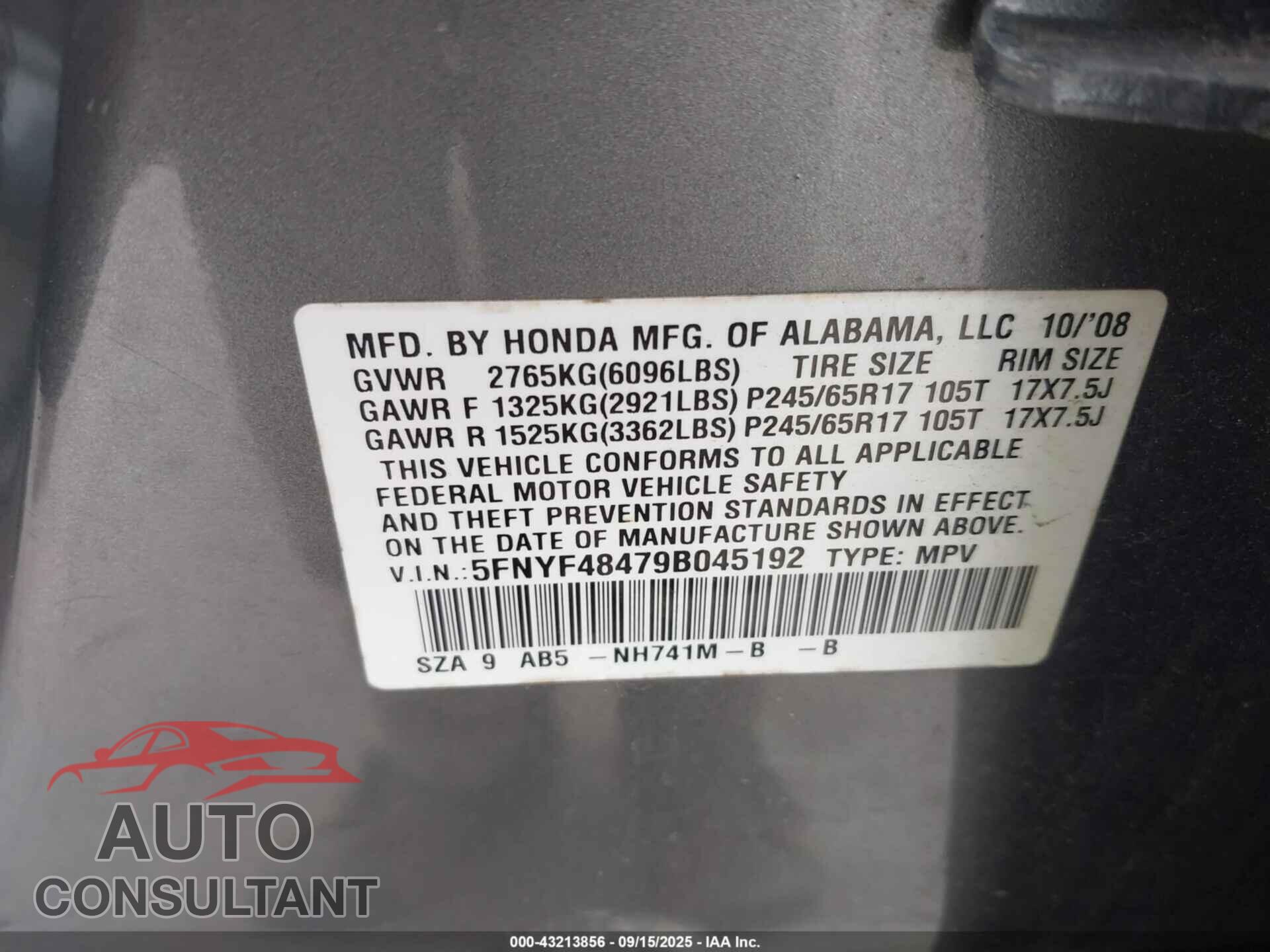 HONDA PILOT 2009 - 5FNYF48479B045192
