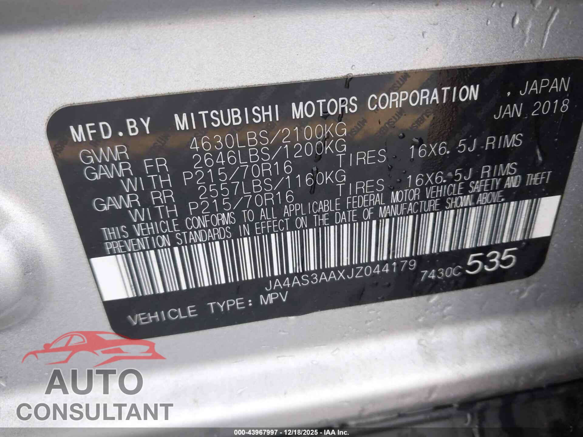 MITSUBISHI ECLIPSE CROSS 2018 - JA4AS3AAXJZ044179