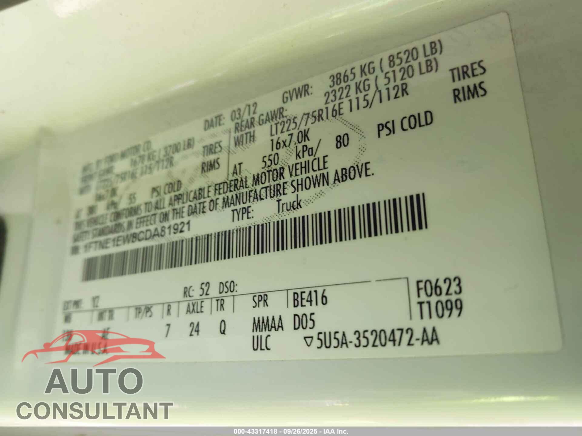 FORD E-150 2012 - 1FTNE1EW8CDA81921