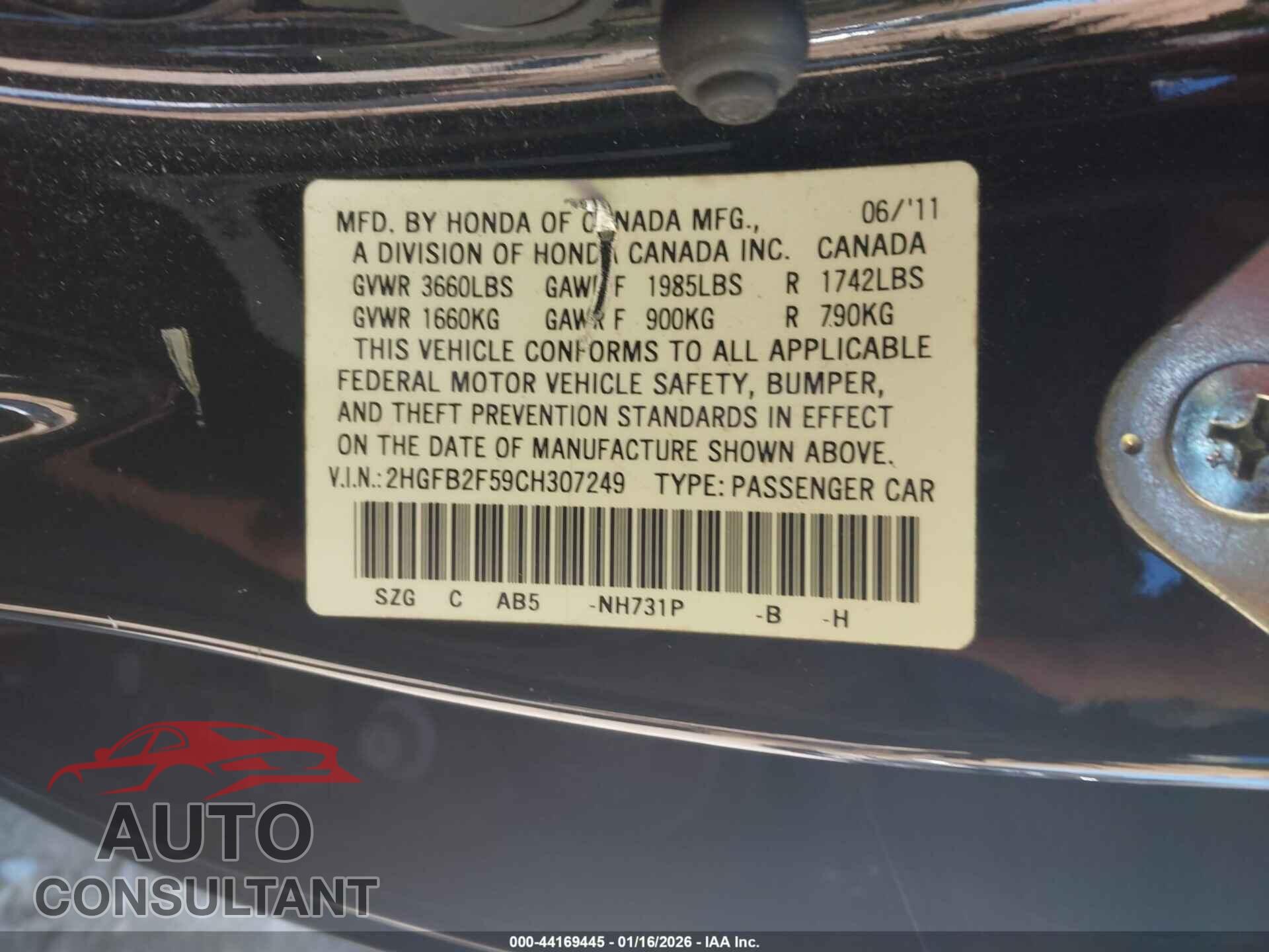 HONDA CIVIC 2012 - 2HGFB2F59CH307249