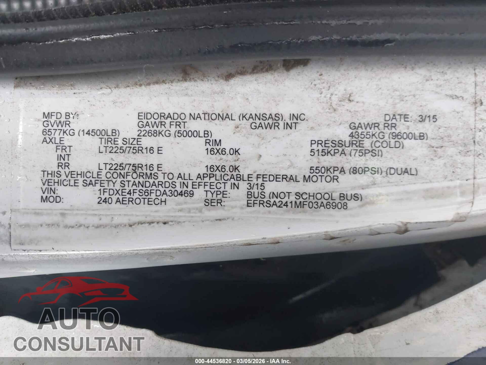 FORD E-450 CUTAWAY 2015 - 1FDXE4FS6FDA30469
