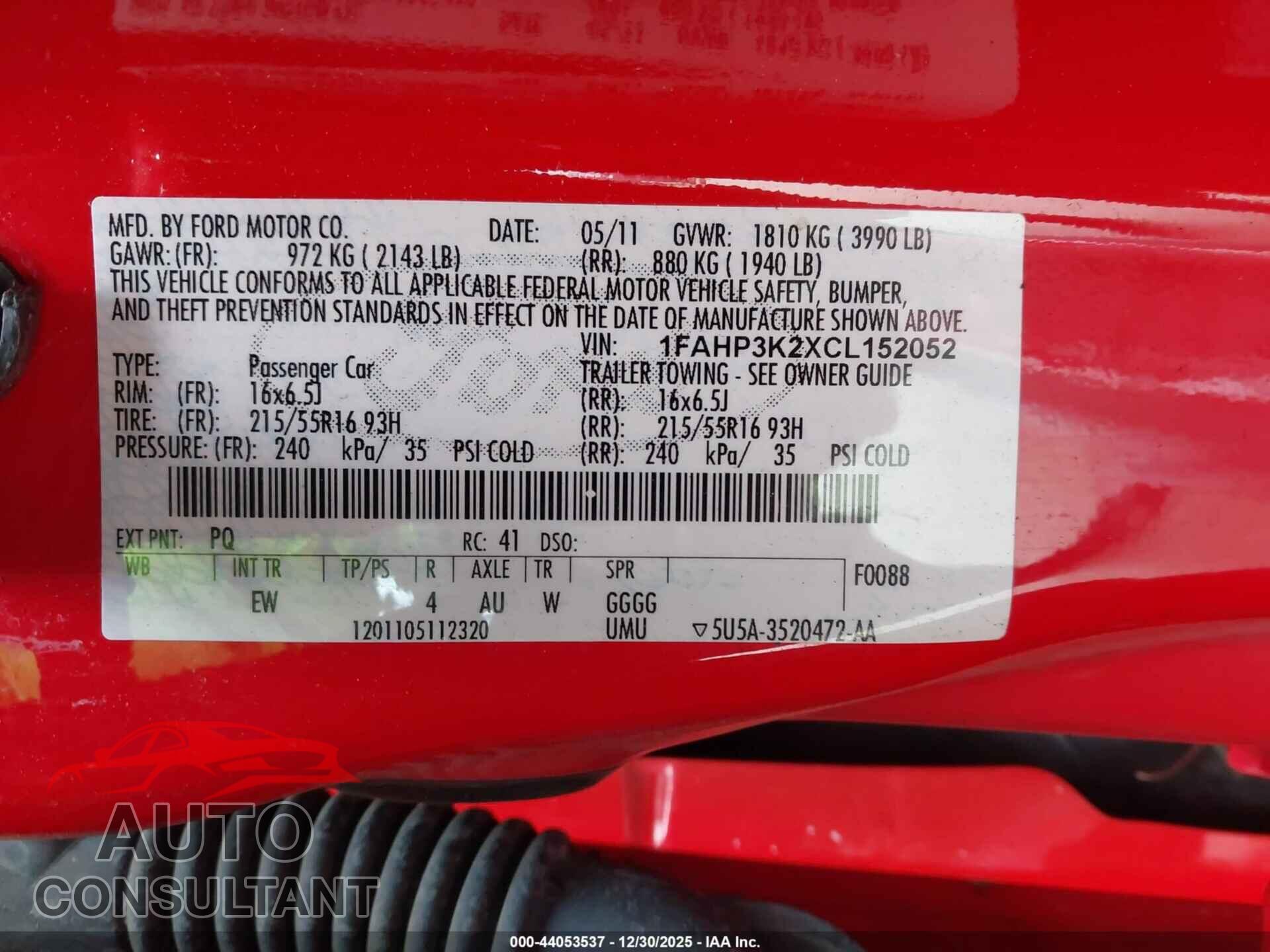 FORD FOCUS 2012 - 1FAHP3K2XCL152052