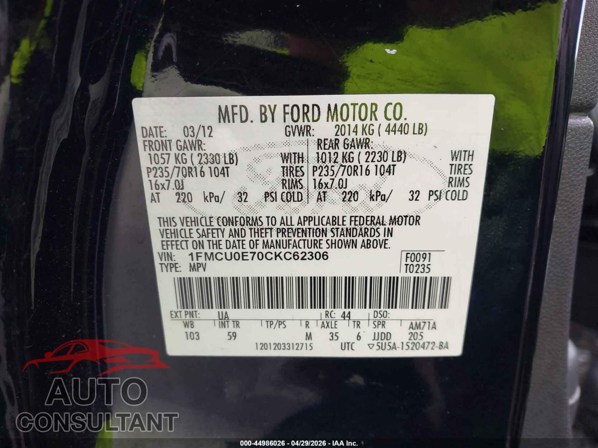 FORD ESCAPE 2012 - 1FMCU0E70CKC62306