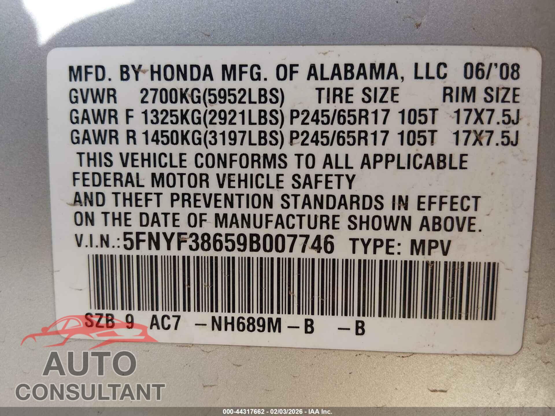 HONDA PILOT 2009 - 5FNYF38659B007746