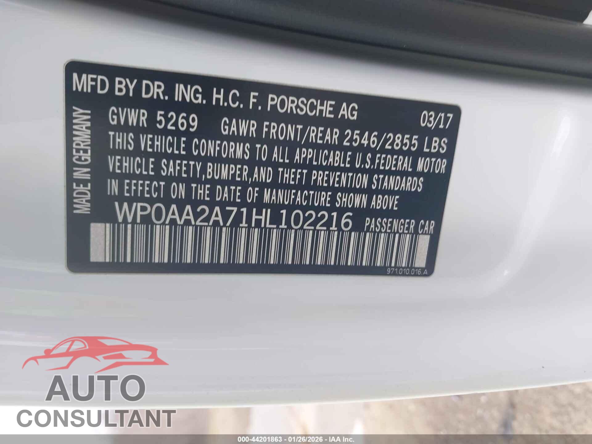 PORSCHE PANAMERA 2017 - WP0AA2A71HL102216