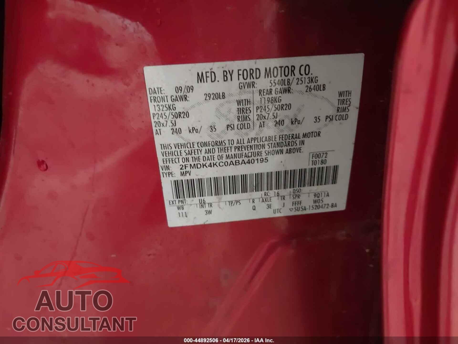 FORD EDGE 2010 - 2FMDK4KC0ABA40195