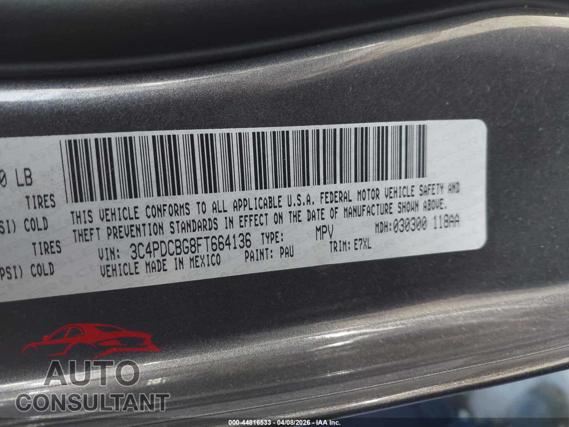 DODGE JOURNEY 2015 - 3C4PDCBG8FT664136